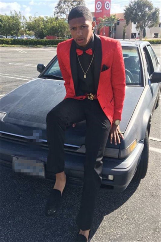 Red Bespoke Lapel Prom Party Suit with Jacquard Shawl for Weddings