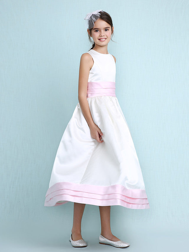 Princess A-Line Jewel Neck Satin Junior Bridesmaid Dress with Sash Ribbon Ruched Ruffles for Spring Summer Fall Winter Weddings