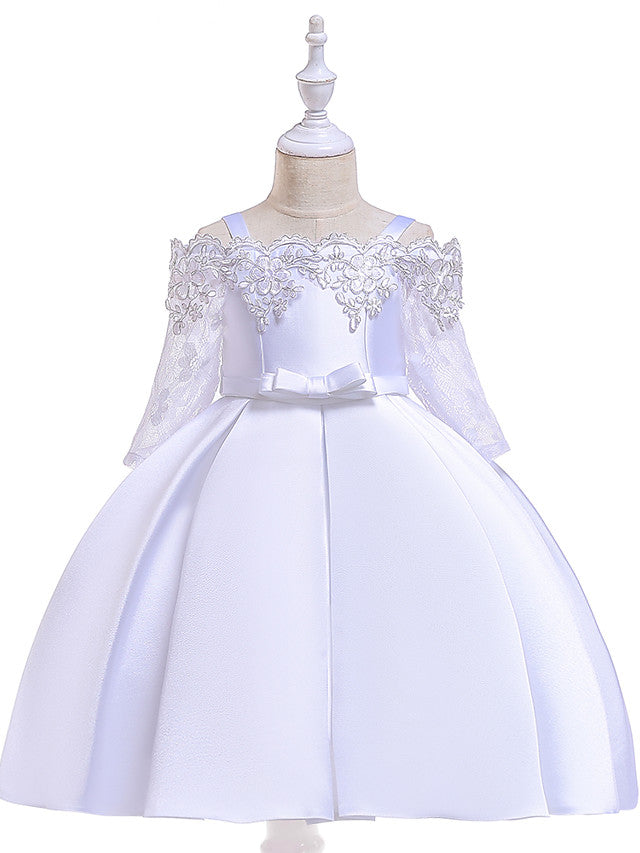 A-Line Cotton Blend Flower Girl Dress with Lace Sash & Ribbon Trim - 3/4 Length Sleeve Off Shoulder