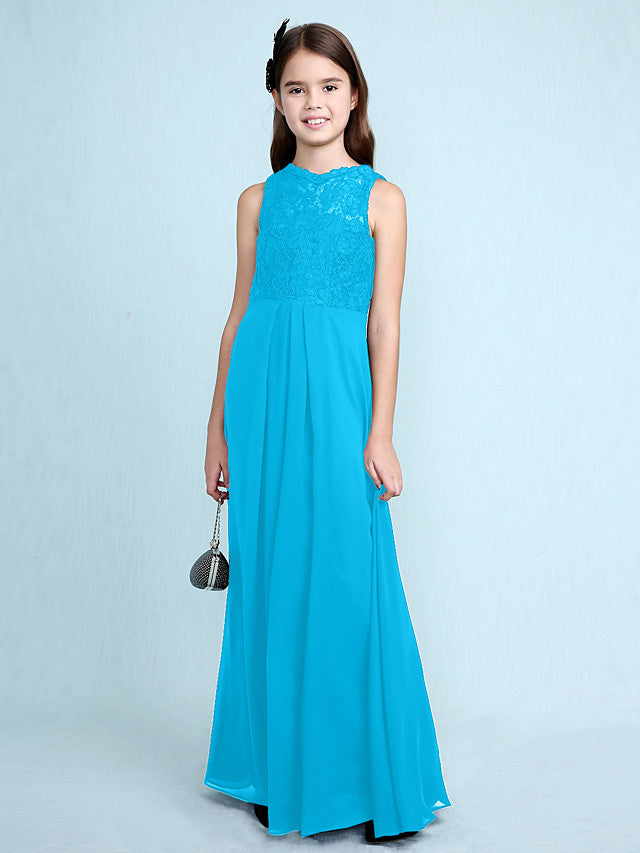 Sheath Column Scoop Neck Floor Length Chiffon & Lace Junior Bridesmaid Dress