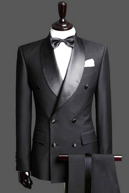 2 Piece Satin Lapel Fancy Black Double Breast Wedding Tailcoat Set