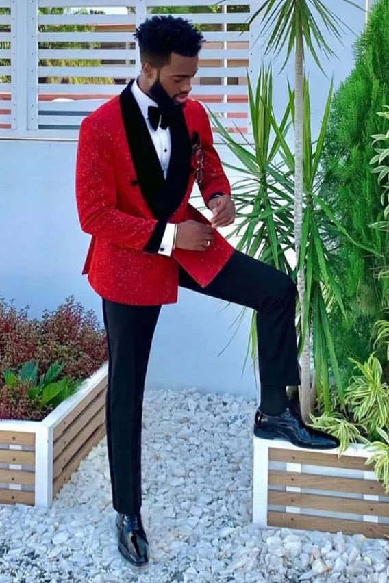 Morden Black Wedding Suit for Groom 2022 with Velvet Lapel and Sparkle Red