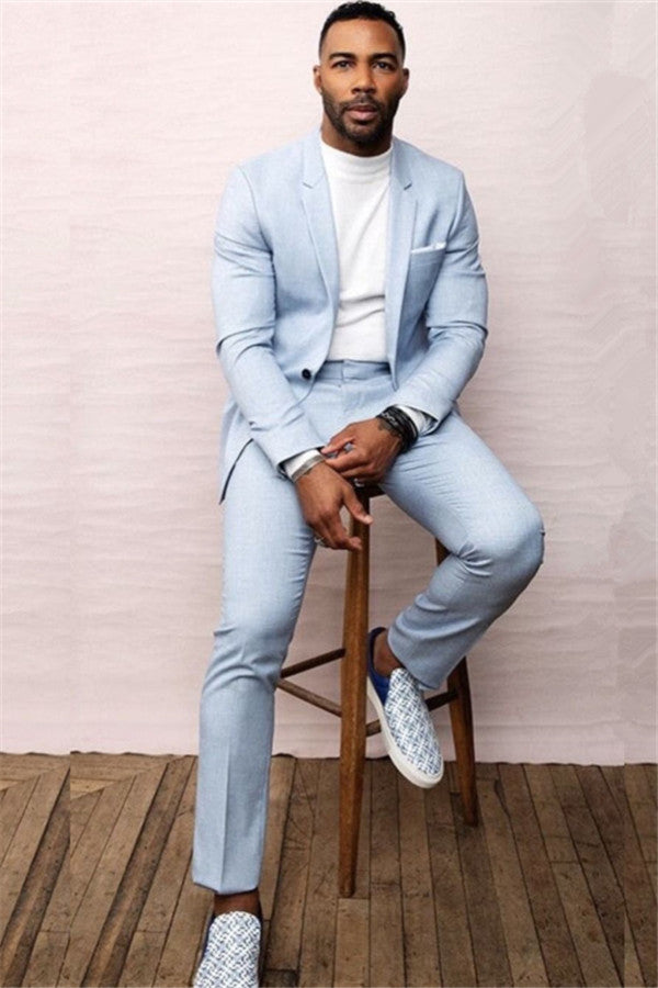 One-Button Elegant Sky Blue Bespoke Summer Wedding Suit Ideas