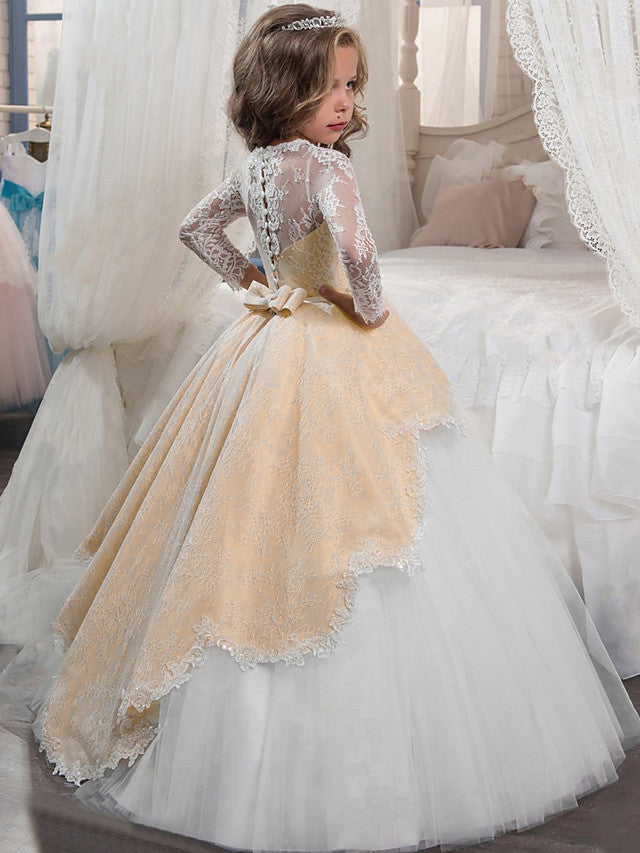 Princess Long Sleeve Jewel Neck Flower Girl Dress with Lace Crystals and Rhinestones