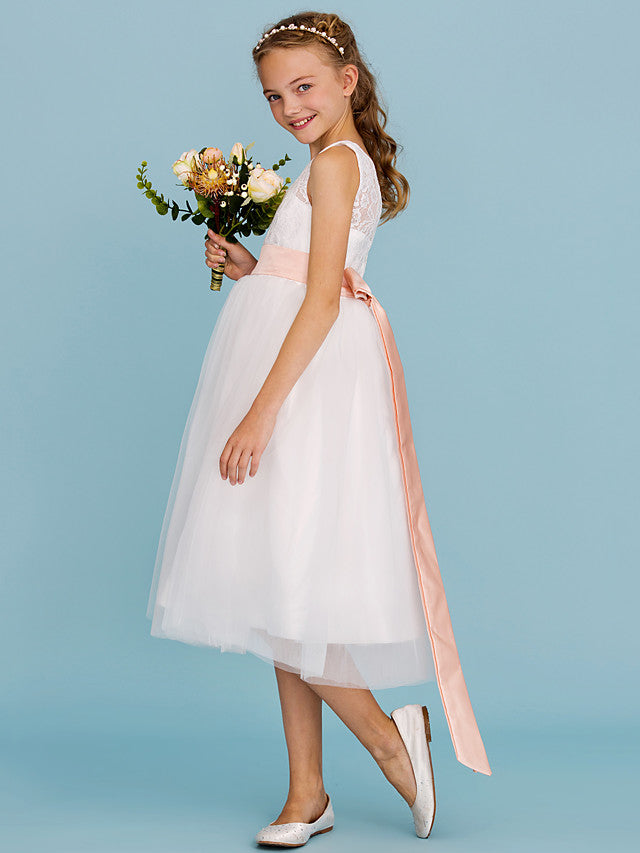 A-Line Crew Neck Tea Length Lace & Tulle Junior Bridesmaid Dress w/ Sash Ribbon Pleats for Weddings & Parties Open Back & See Through Design