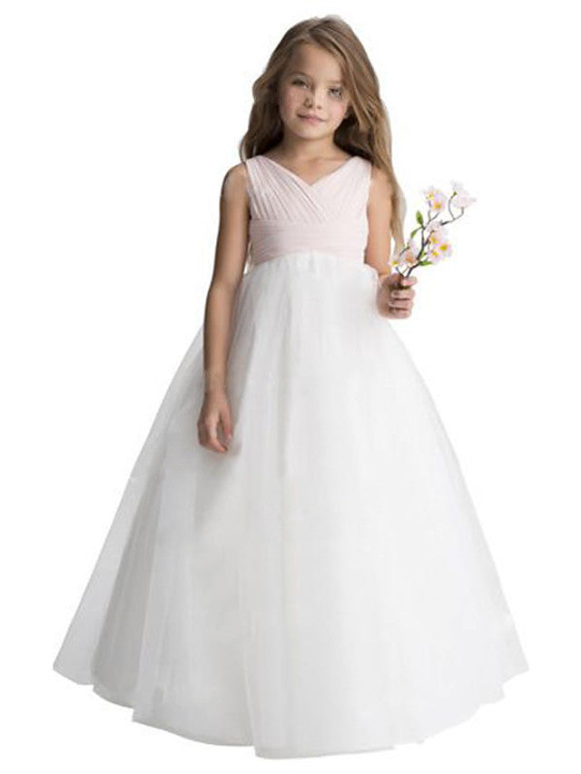 Sleeveless V-Neck A-Line Flower Girl Dress with Ruching and Tulle Floor Length