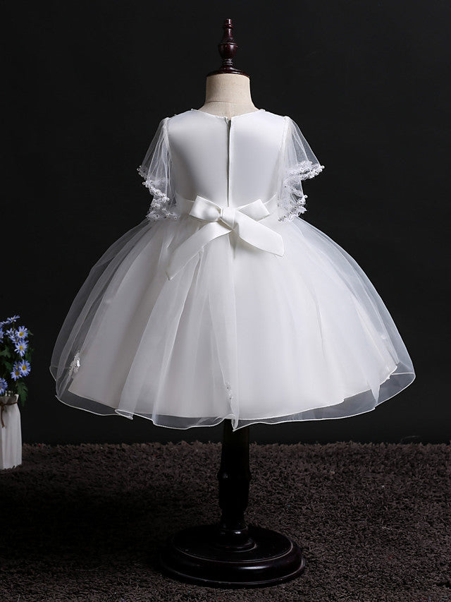 Princess Midi Dress for Weddings & Birthdays: Satin Tulle Jewel Neck with Bow(s) Pearls & Beading