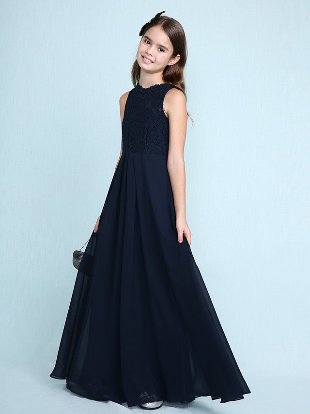 Sheath Column Scoop Neck Floor Length Chiffon & Lace Junior Bridesmaid Dress