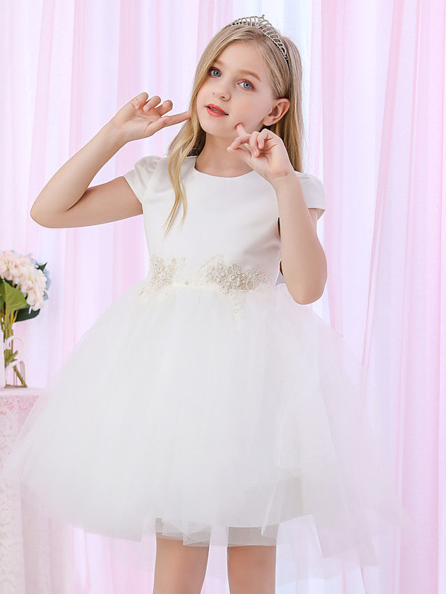 Princess Cap Sleeve Jewel Neck Ball Gown Flower Girl Dress With Beading Appliques Satin Tulle