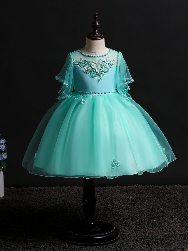 Princess Midi Dress for Weddings & Birthdays: Satin Tulle Jewel Neck with Bow(s) Pearls & Beading