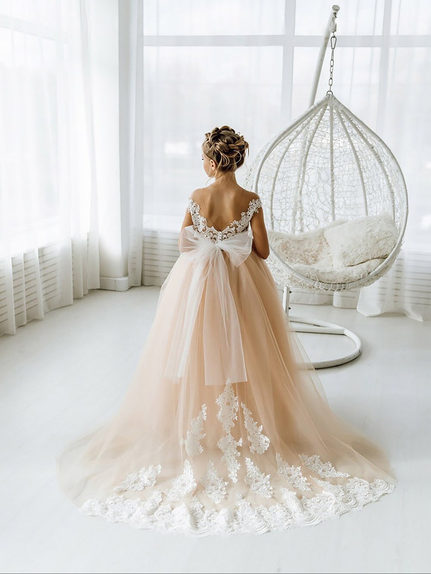Boho Flower Girl Dresses Tulle with Bow - Ball Gown Sleeveless Open Back