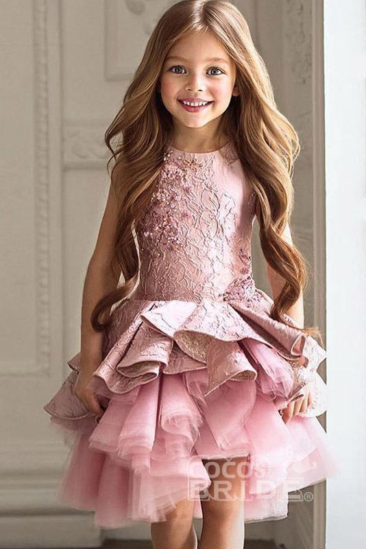 Pretty Pink Scoop Neck Sleeveless Ball Gown Flower Girls Dress
