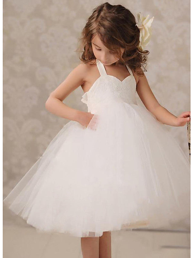 Sleeveless Jewel Knee-Length A-Line Flower Girl Dress with Lace and Tulle