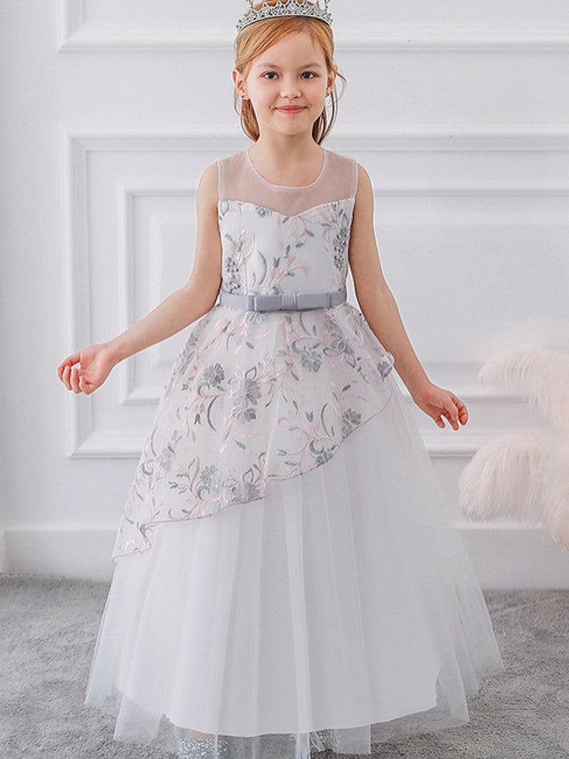 Gorgeous Sleeveless Ball Gown Flower Girl Dress with Tulle Sash Ribbon and Embroidered Bow