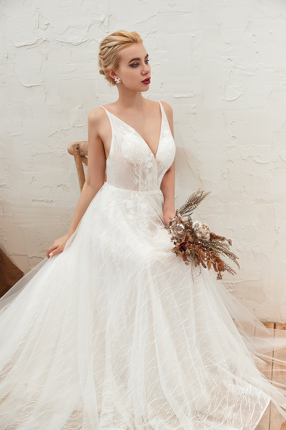 Classy A-Line Wedding Dress With Deep V-neck, Open Back and Lace Tulle Floor-length