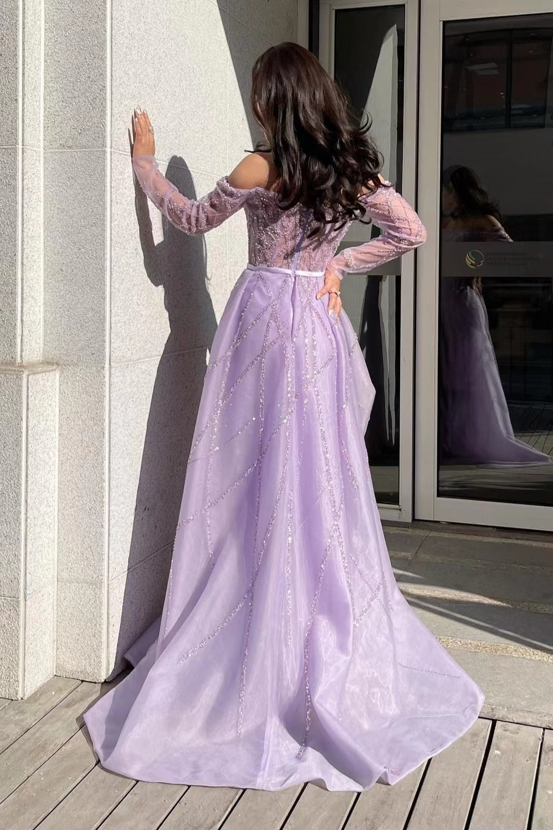 Mermaid Lilac Off-The-Shoulder Prom Dress with Long Sleeves and Beads