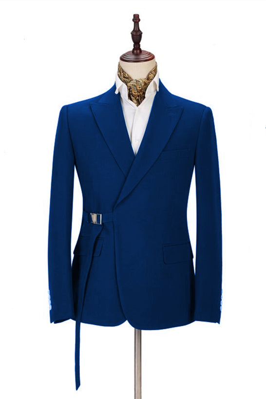 Royal Blue Peak Lapel Tuxedo Suit for Wedding with Buckle Button