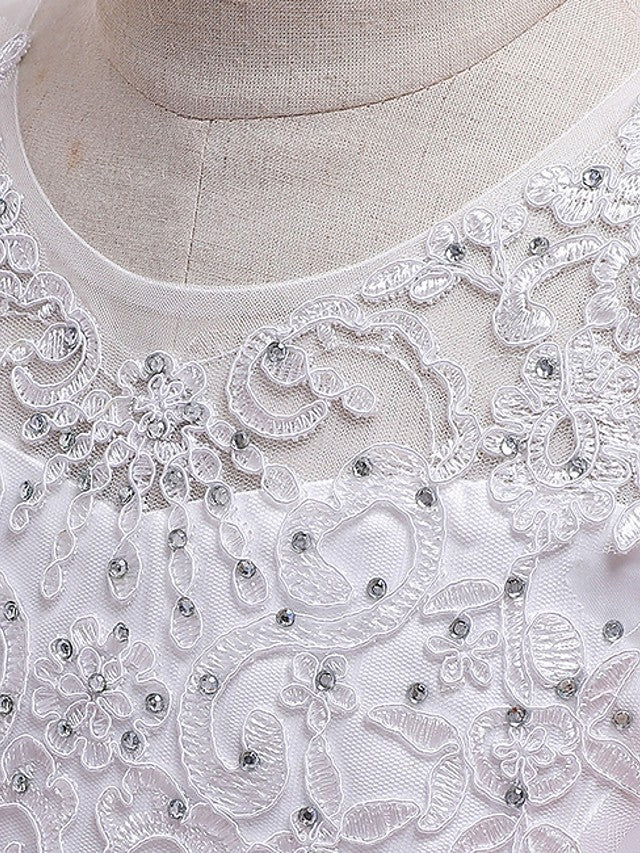 Princess Tulle Sleeveless Jewel Flower Girl Dress with Bow Appliques Beading