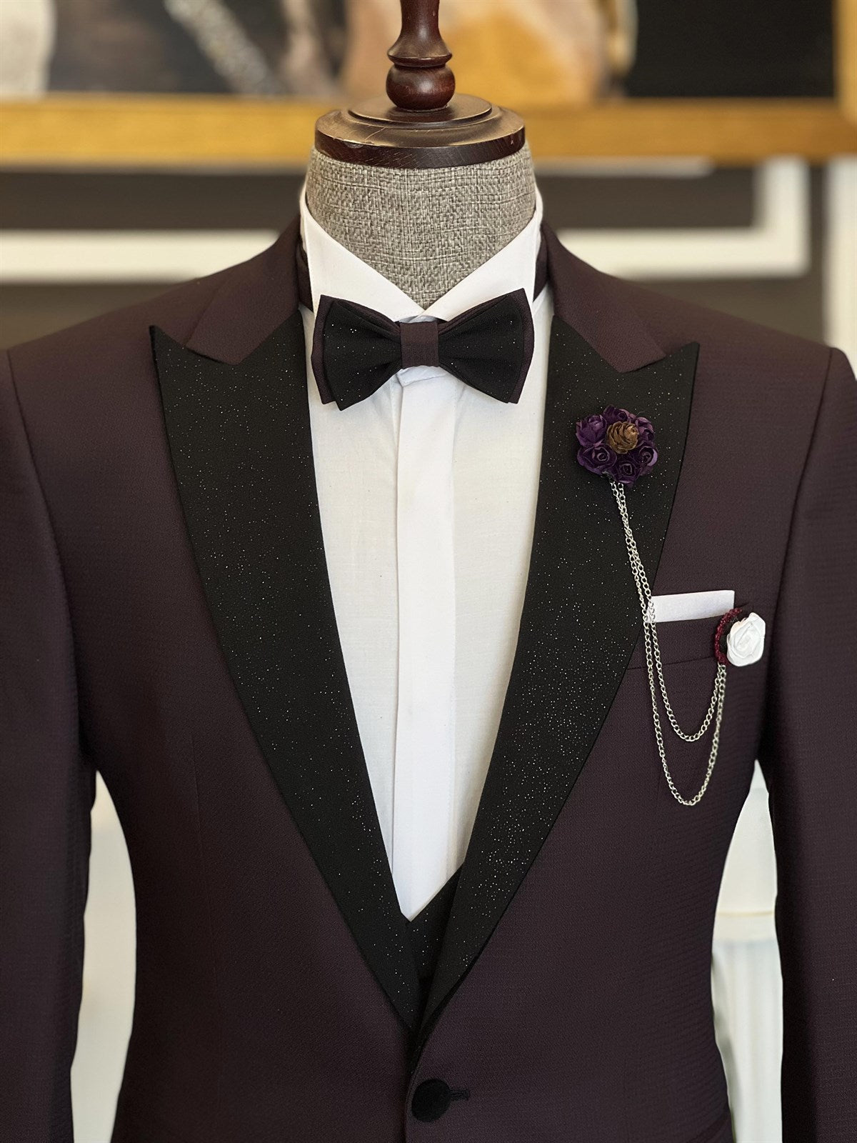 Baldwin Dark Purple 3-Piece Men's Suit w/ Sparkle Peaked Lapel