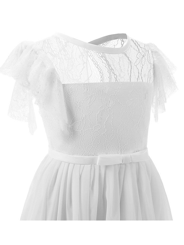 Short Sleeve Jewel Neck Flower Girl Dress with Lace and Butterfly