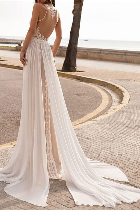Halter Sleeveless Lace Wedding Dress