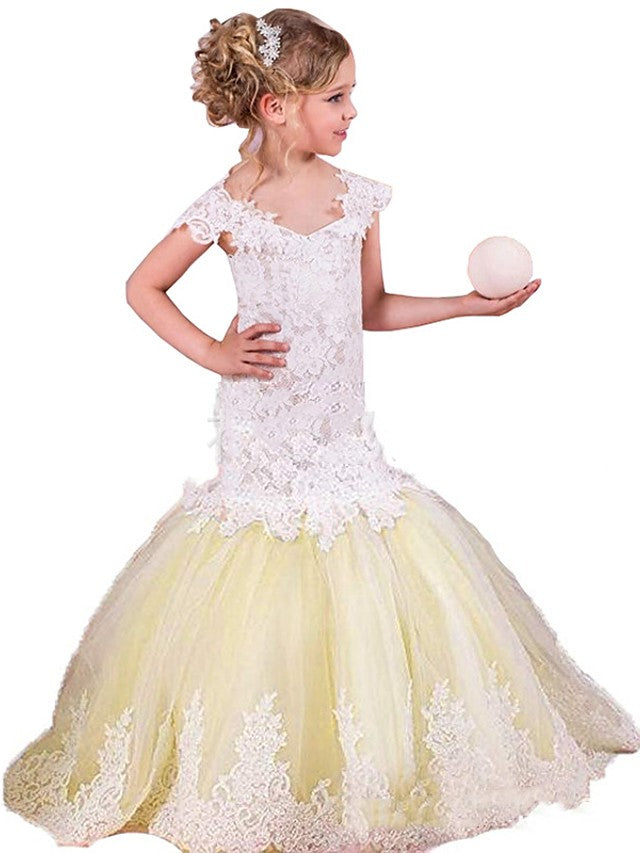 Lace Tulle Cap Sleeve Boat Neck Flower Girl Dress with Appliques Splicing
