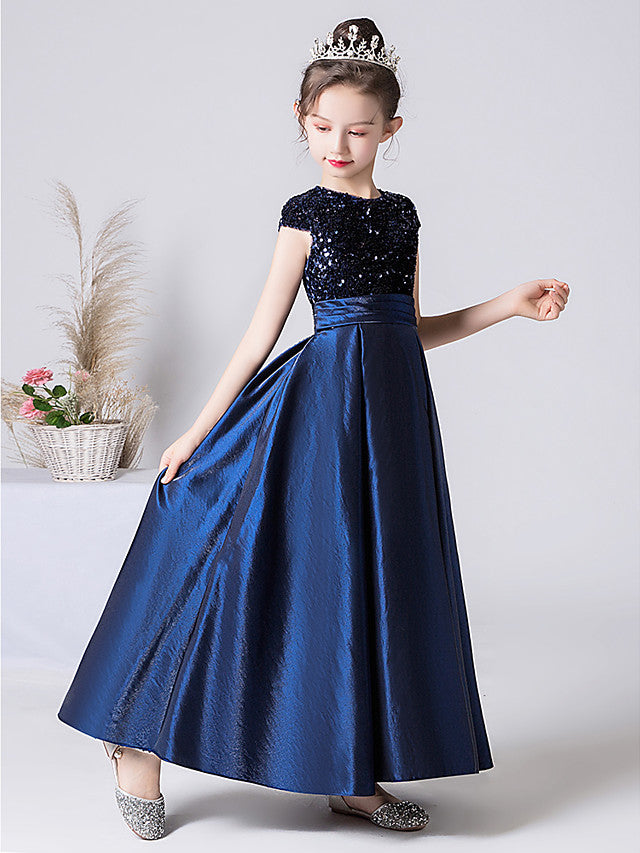 Column Cap Sleeve Jewel Neck Flower Girl Dress with Satin Pleats and Sequins