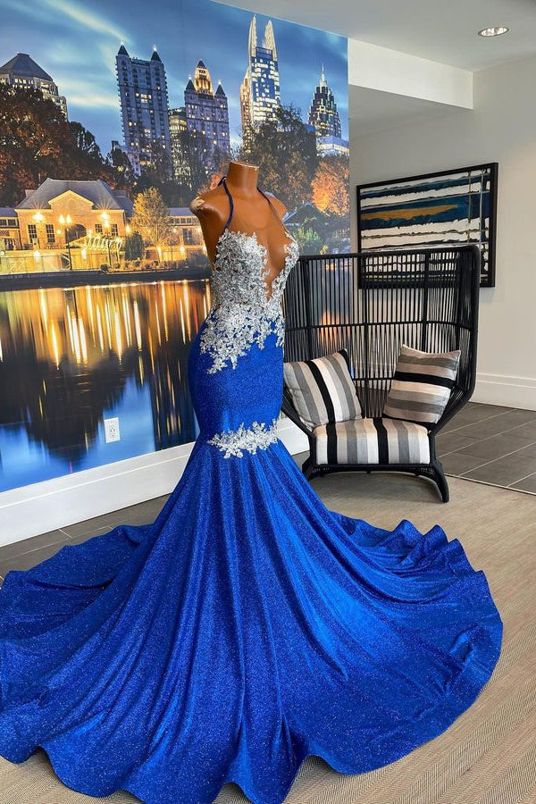 Beautiful Royal Blue Mermaid Prom Dress With Appliques by Halter