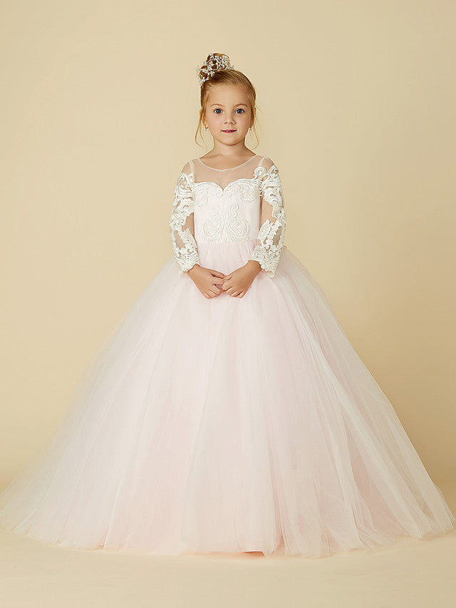 Ball Gown Long Sleeve Illusion Neck Flower Girl Dress with Lace Tulle Bows and Buttons