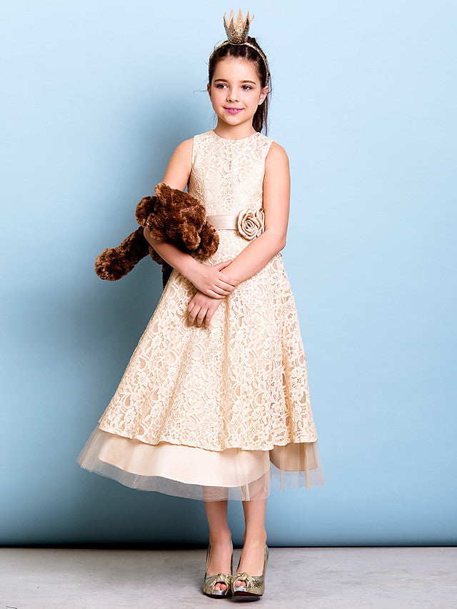 A-Line Jewel Neck Tea Length Floral Lace Junior Bridesmaid Dress with Sash & Accessories