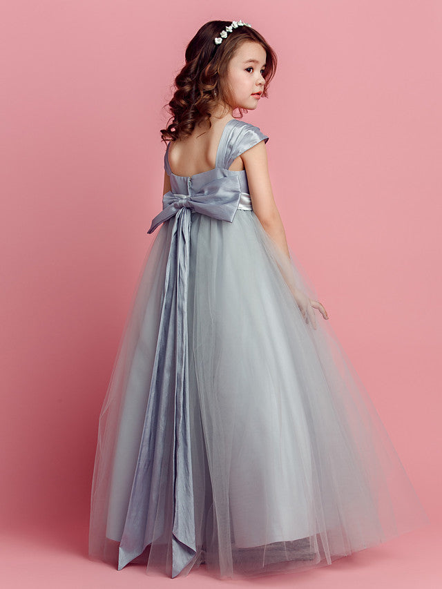 Short Sleeve Square Neck Ball Gown Pageant Dress with Taffeta Tulle Sash Ribbon & Bow