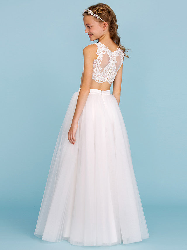Princess A-Line Floor Length Lace Tulle Flower Girl Dress with Pearls Appliques and Lace Back
