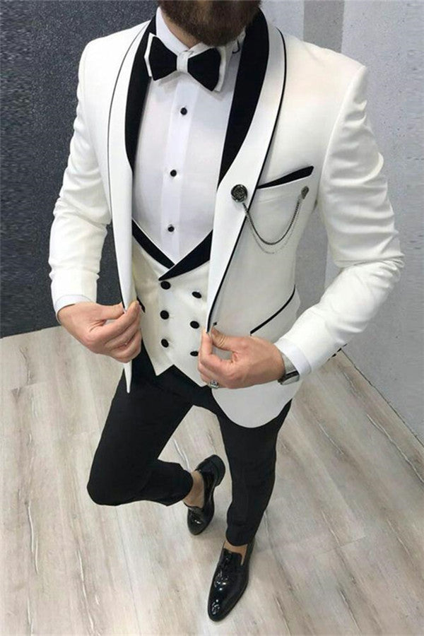 Groom Suits for Men3 Pieces - White Wedding Tuxedos with Black Lapel