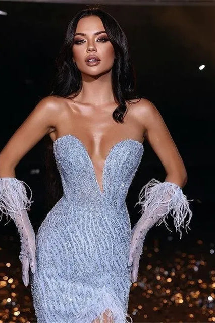 Amazing Sweetheart Split Mermaid Evening Dress with Sequins & Feather Gloves