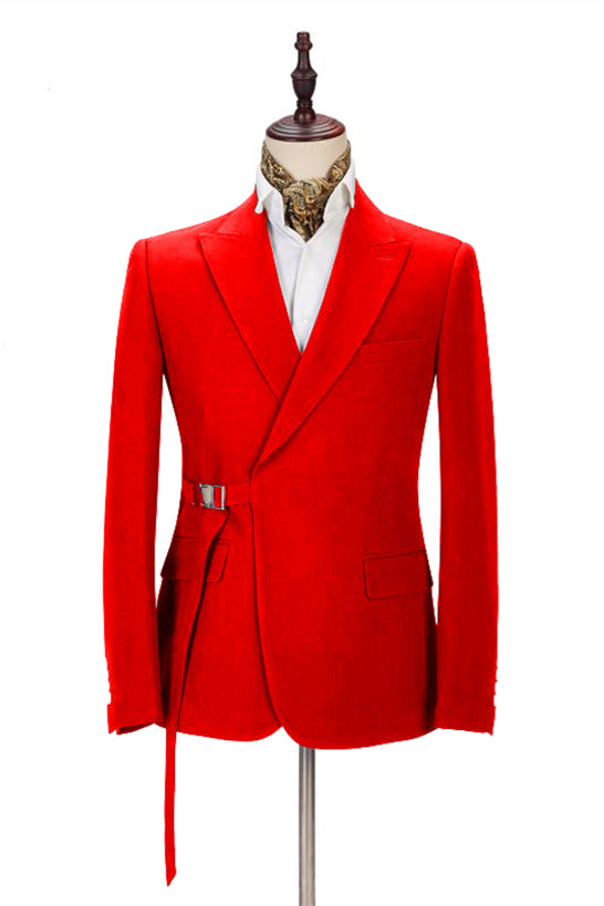 Slim Fit Bright Red Summer Wedding Suit with Peak Lapel & Buckle Button