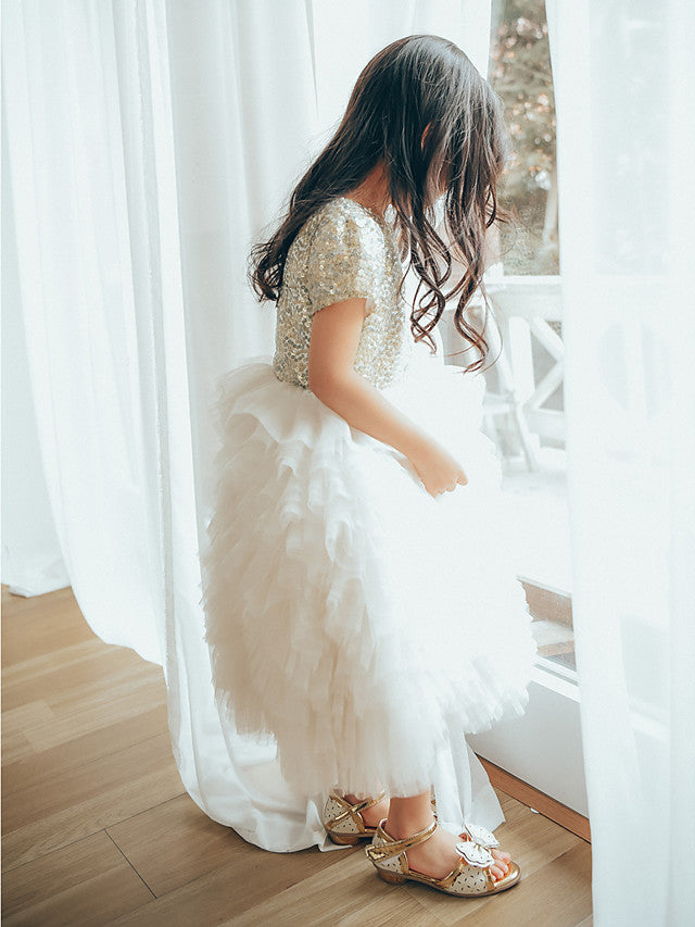 Short Sleeve Jewel Neck Flower Girl Dresses with Tulle & Paillette Sequins