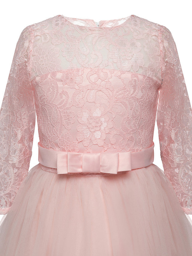 Half Sleeve Jewel Long Length Flower Girl Dress with Lace Tulle and Lace Belt Bow