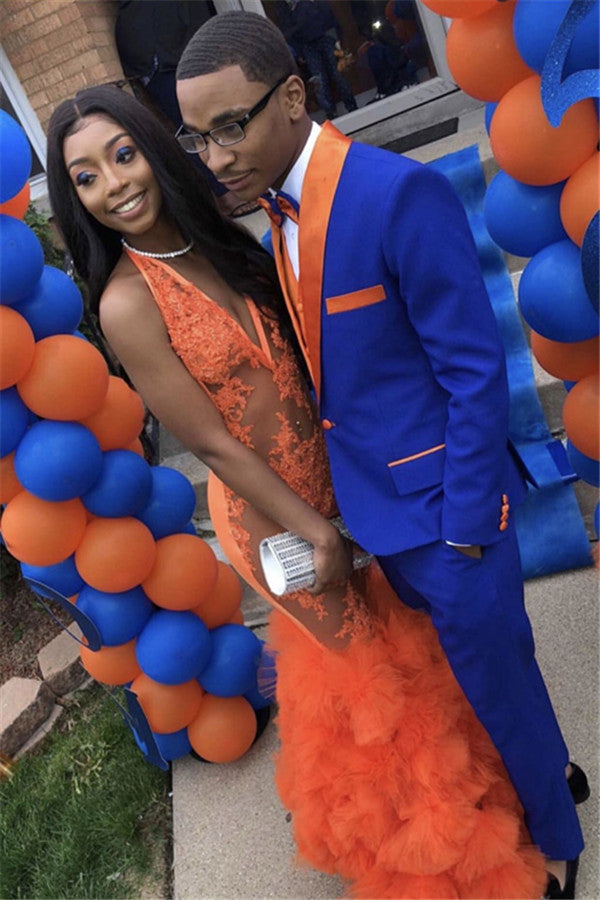 Royal Blue Beach Wedding Suits for Groom with Orange Lapel