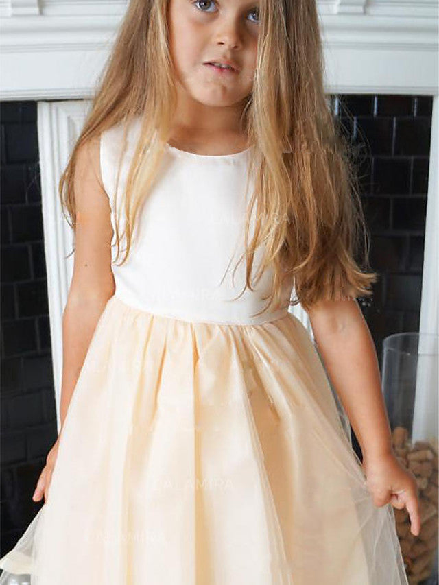 Satin Tulle Pleated A-Line Knee Length Flower Girl Dress