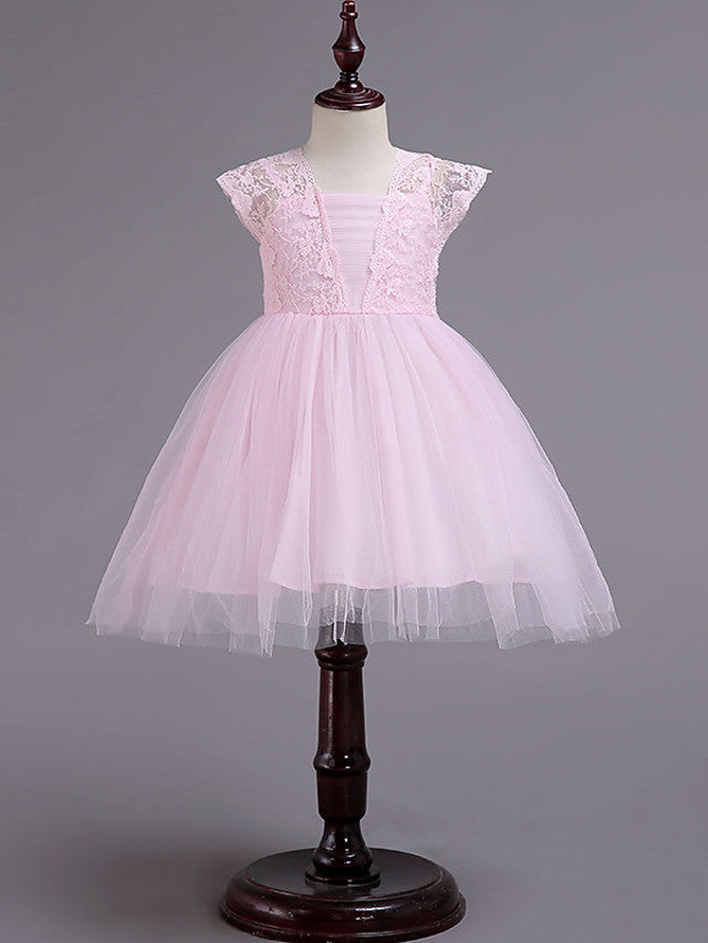 Cap Sleeve Square Neck Flower Girl Dress with Lace Tulle Cotton and Lace Belt