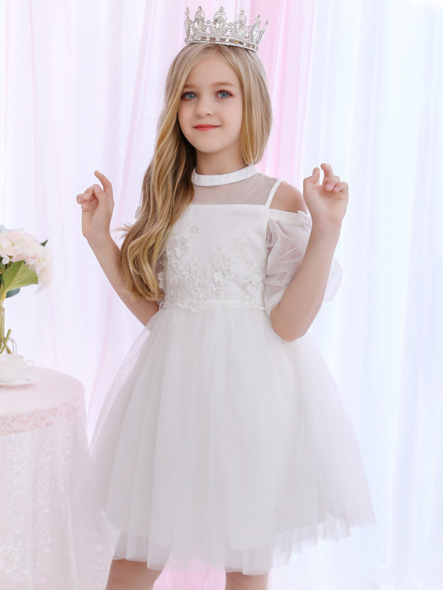Halter Neck 3/4 Length Sleeve Satin Ball Gown with Beadings and Appliques for Flower Girl