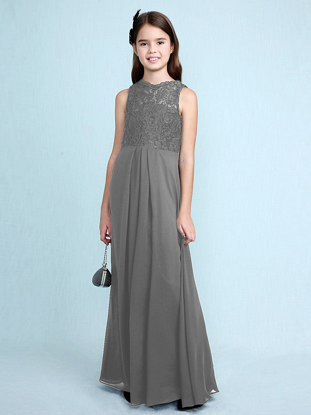 Sheath Column Scoop Neck Floor Length Chiffon & Lace Junior Bridesmaid Dress