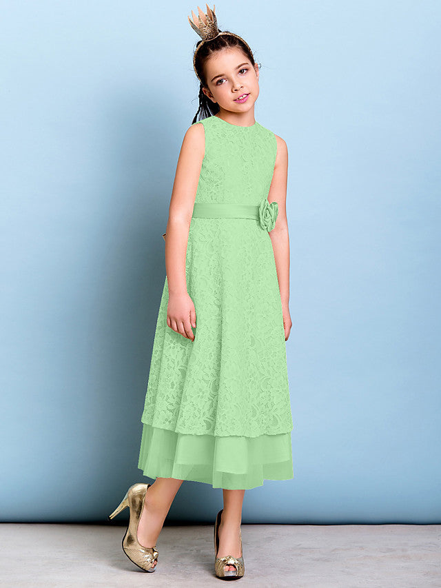 A-Line Jewel Neck Tea Length Floral Lace Junior Bridesmaid Dress with Sash & Accessories