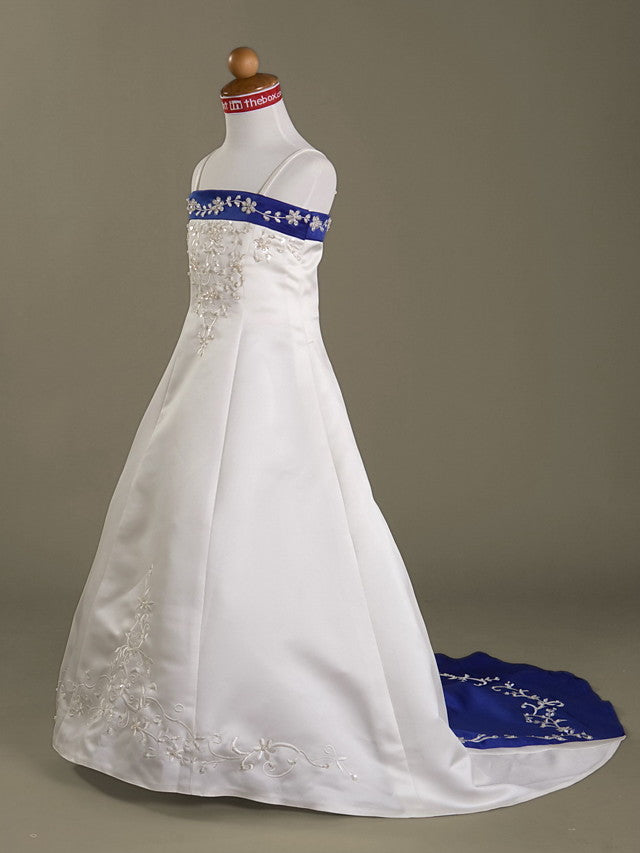 A-Line Satin Flower Girl Dress with Beaded Appliques and Spaghetti Straps