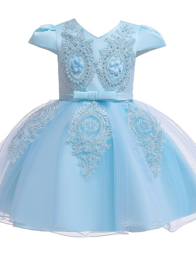 Short Sleeve V Neck Flower Girl Dresses with Tulle Sash Ribbon and Bow Appliques