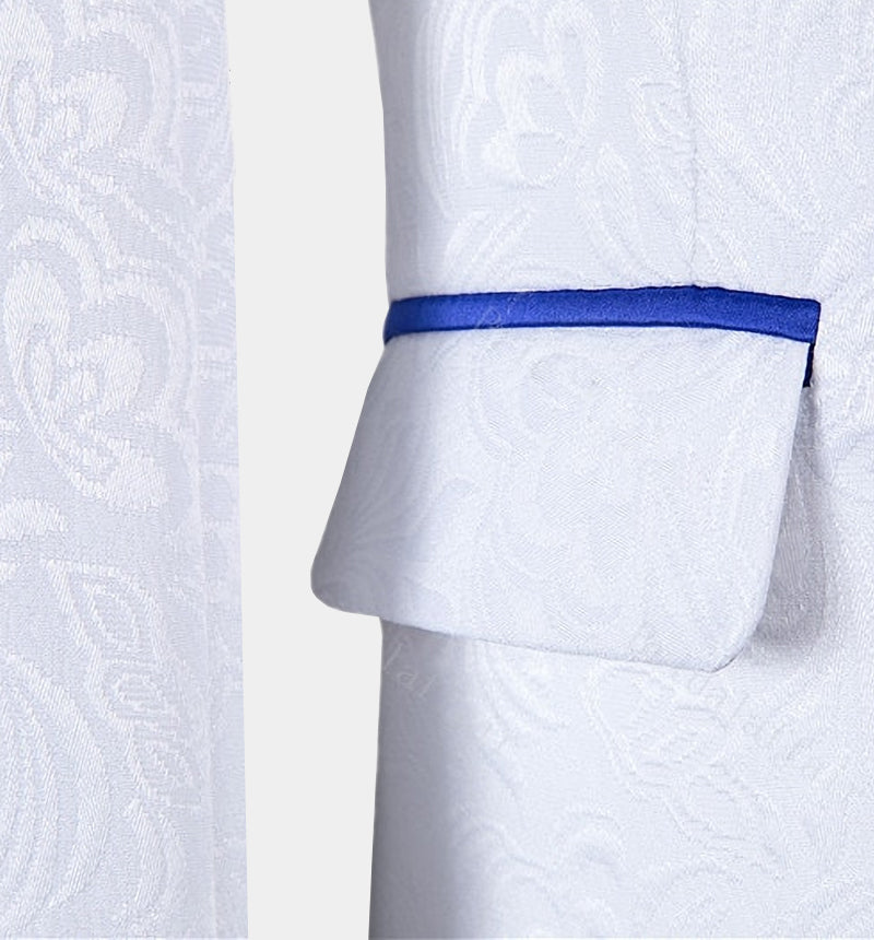 Cool White Jacquard Wedding Tuxedo with Blue Shawl Lapel