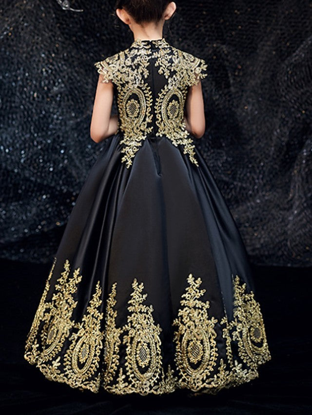 A-Line Flower Girl Dress With Appliques - Sleeveless High Neck & Floor Length