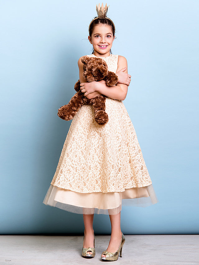 A-Line Jewel Neck Tea Length Floral Lace Junior Bridesmaid Dress with Sash & Accessories