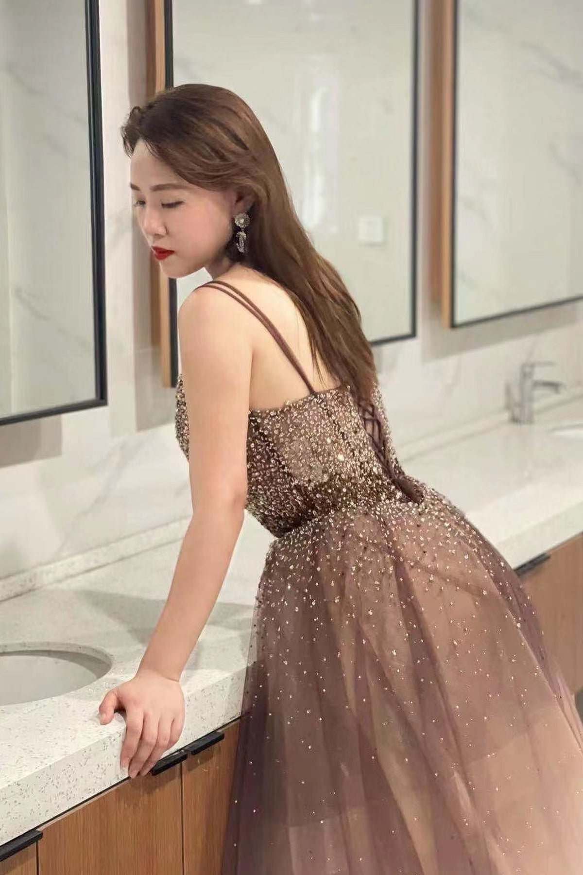 Ombre Tulle Prom Dress With Sequins Beads and Spaghetti-Straps Deep V-Neck