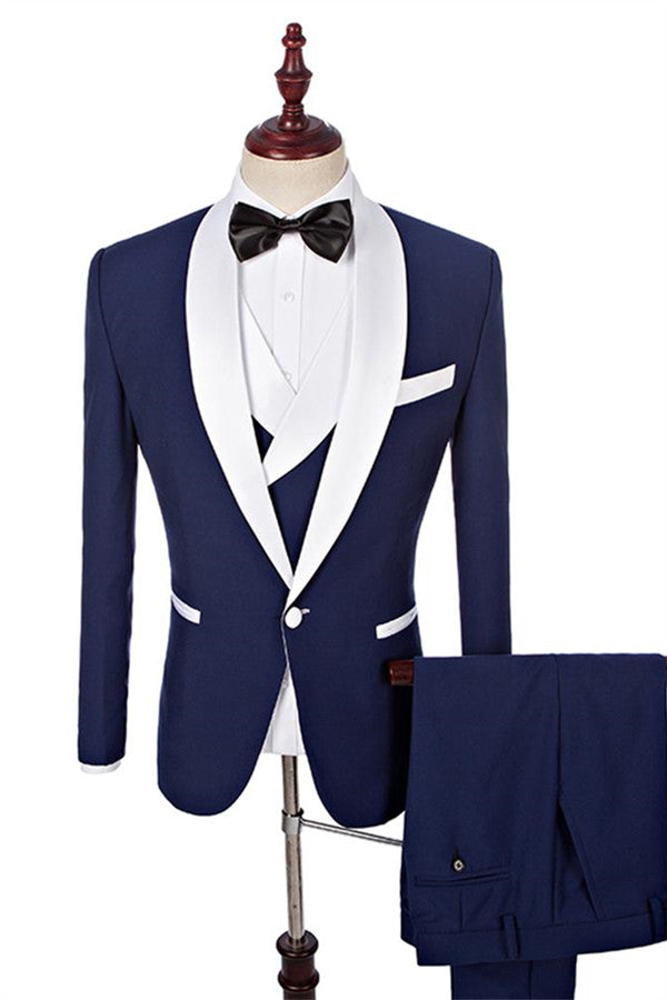Navy Blue Groomsmen White Shawl Lapel One Button Wedding Tailcoat Three Pieces